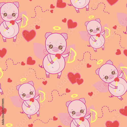 Seamless Pattern Cute Little Angel Pig Cartoon With Bow And Arrow