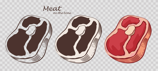 Wall Mural - Meat chunk on the bone. Steak isolated on the pseudo transparent background. Slice of pork. Set of outline, black and white, colored images. Vector illustration. Icon, emblem, logo element.