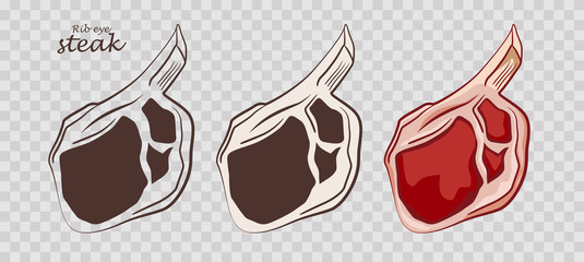 Wall Mural - Rib eye steak. Piece of meat isolated on the pseudo transparent background. Set of outline, black and white, colored images.  Vector illustration. Icon, emblem, logo element.