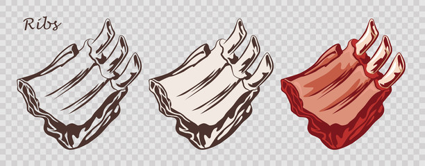Wall Mural - Meat food. Ribs isolated on the pseudo transparent background. Cut of beef on the bone. Set of outline, black and white, colored images. Vector illustration. Icon, emblem, logo element.