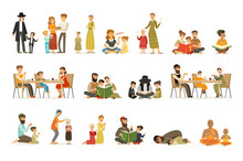 Vector Flat People Characters Of Different Religions Set. Jews, Catholics, Muslims, Buddhists. Families In National Costumes That Pray, Read Holy Books, Celebrate Holidays.