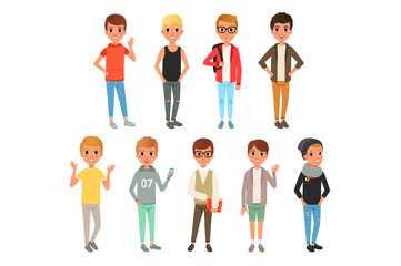 Sticker - Set of cute boys characters dressed in stylish casual clothing. Kids posing with smiling face expressions. Children wear. Cartoon flat vector design