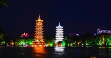 Timelapse Of Twin Pagodas In Guilin, Famous Travel Spot In  Guangxi Province, China