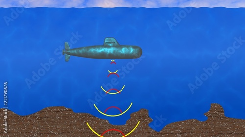 Submarine Sends Receives Sonar Signals Into Deep Sea Bed Ocean