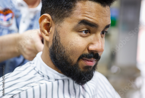 Young Black Man Client Get New Haircut In Barbershop Buy This