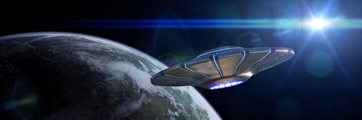 Wall Mural - ufo, alien spaceship in earth orbit, flying saucer visiting the blue planet