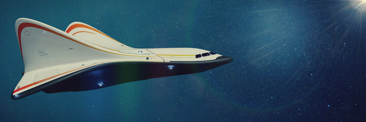 Wall Mural - spaceship in outer space, concept starship in front of a blue background