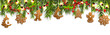 Christmas border with fir branches, pine cones, holly, and string lights. Merry Christmas background with open space for your text.
