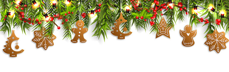 Wall Mural - christmas border with fir branches, pine cones, holly, and string lights. merry christmas background