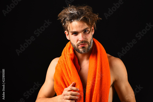 Man Bearded Tousled Hair Covered With Foam Or Soap Suds Wash Off