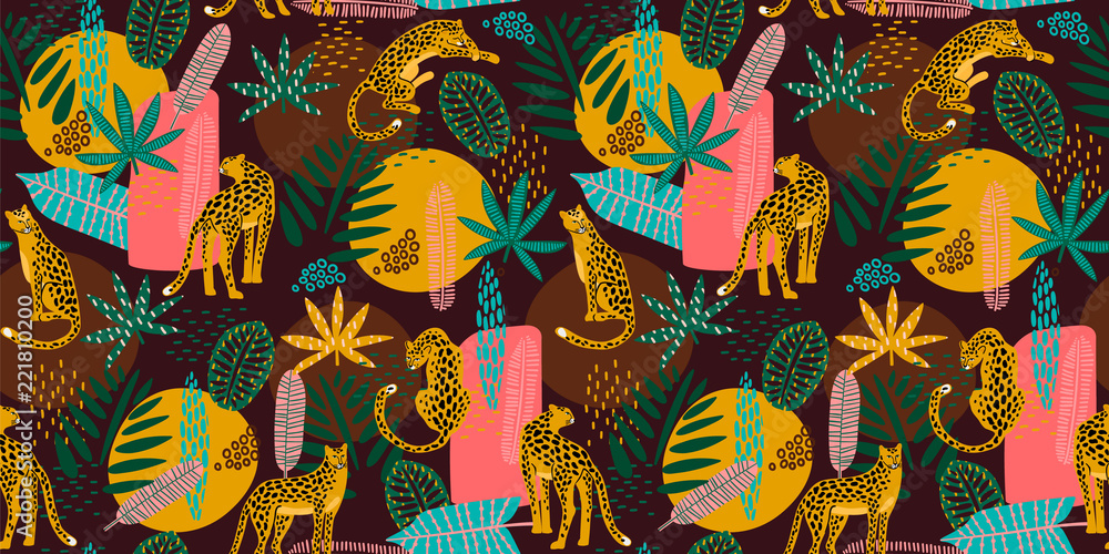 Papel de parede Vestor seamless pattern with leopards and tropical leaves.