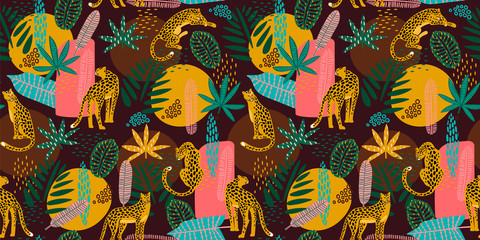 Vestor seamless pattern with leopards and tropical leaves.