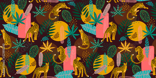 Fotomural Vestor seamless pattern with leopards and tropical leaves.