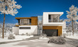 © korisbo - 3d rendering of modern cozy house by the river with garage. Cool winter day with shiny white snow. For sale or rent with beautiful mountains on background