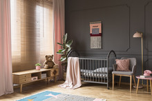 Plush Toy On Wooden Cupboard Next To Grey Cradle In Child's Pastel Bedroom Interior. Real Photo