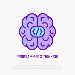 Wall Mural - programmer's thinking: brain with code. thin line icon. modern vector illustration.