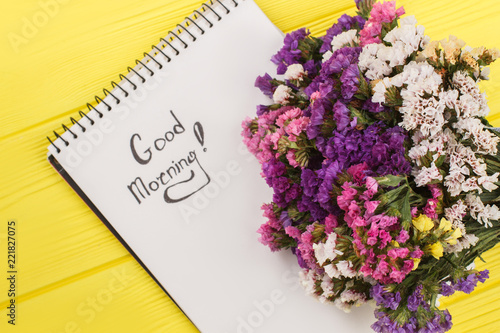 Good Morning Wish With Limonium Statice Flowers Yellow Wooden