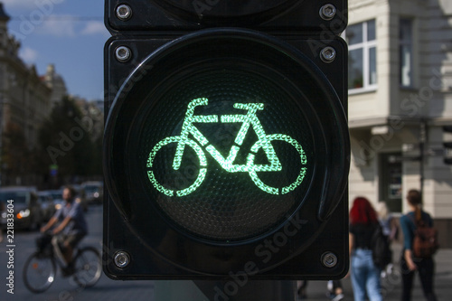 Sustainable transport. Bicycle traffic signal, green light, road bike, free bike zone or area, bike sharing