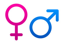 Pink And Blue Female And Male Signs On White Background.
