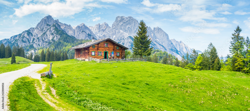 Idyllic mountain scenery with wooden cabin in the Alps in summer - obrazy, fototapety, plakaty 