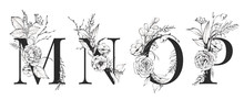 Graphic Floral Alphabet Set - Letters M, N, O, P With Black & White Flowers Bouquet Composition. Unique Collection For Wedding Invites Decoration, Logo And Many Other Concept Ideas.