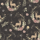 Graphic floral seamless pattern - flower wreaths & deer illustration on dark background. For wedding stationary, greetings, wallpapers, fashion, logo, wrapping paper, fashion, textile, etc.