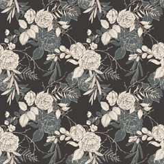 Graphic floral seamless pattern - flower bouquets illustration on dark background. For wedding stationary, greetings, wallpapers, fashion, logo, wrapping paper, fashion, textile, etc.