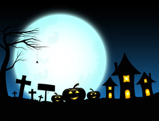 Wall Mural - Halloween design with pumpkins and dark castle on full blue Moon background, Vector illustration
