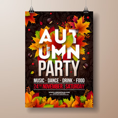 Wall Mural - Autumn Party Flyer Illustration with falling leaves and typography design on doodle pattern background. Vector Autumnal Fall Festival Design for Invitation or Holiday Celebration Poster.