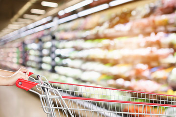 woman hold shopping cart with blur supermarket fresh product shelves background