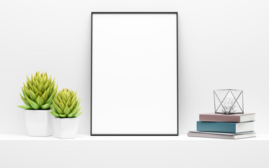 Wall Mural - black picture frame mock up and green potted plants on white shelf