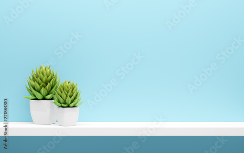 Fotomural white shelf on blue wall with green potted plants mock up