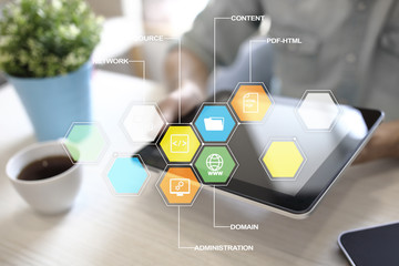 Wall Mural - CMS. Content management system applications icons on virtual screen. Business, internet and technology concept.