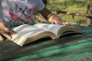 Wall Mural - the child is reading book at the garden.back to school concept for education. 