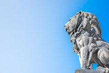 Statue Of Lion Near Cathedral In Magdeburg At Smooth Gradient Background, Germany