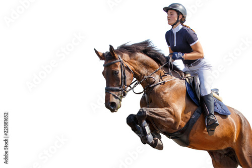 Fotomural Horse rider girl jumping over an obstacle isolated on white background