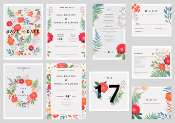 Wedding set with floral background. Colorful invitation, cards, 