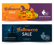 © alexandertrou - Halloween sale promo web banner. Colorful halloween coupons with spooky pumpkins, castle and ghsots. Festive advertising coupon. Vector illustration.