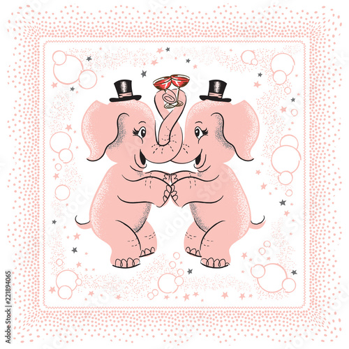 Fun Retro Cocktail Party Design Of Two Tipsy Pink Elephant In Love