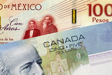 Wall Mural - A close up image of a 5 Canadian dollar bill with a 100 Mexican Peso Bank note