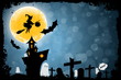 Leinwandbild Motiv Halloween Funny Background with Witch and Haunted House.