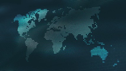 Wall Mural - abstract blue background with moving waves of particles and world map. globe texture. seamless loop.