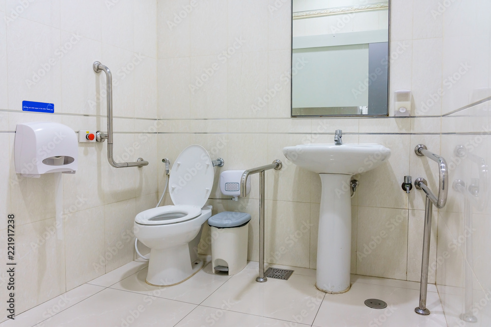 Toilet for the elderly and the disabled.It have two-sided handle for support the body and slip protection. Safety public toilet.