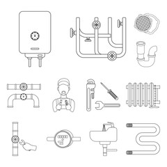 Wall Mural - Plumbing, fitting outline icons in set collection for design. Equipment and tools vector symbol stock web illustration.