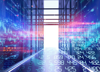 corridor of server room 3d illustration with node base programming data design element.