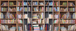 Wide book shelves with blurry effect on book cover