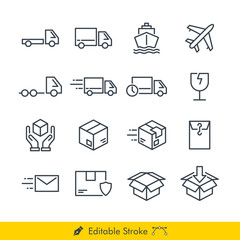 Logistic (Delivery) Related Icons / Vectors Set - In Line / Stroke Design | Contains Such car, truck, pickup, delivery, box, plane, ship, document, fragile, handle with care, heavy truck, send, sent.