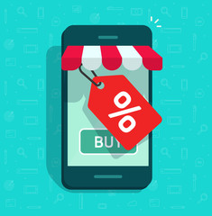 Wall Mural - mobile phone store and sale tag vector illustration, flat cartoon smartphone internet online shop wi