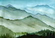 Watercolor hand-drawn illustration: high mountains with forest in a mist