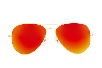 Canvas Print - gold sunglasses with red chameleon mirror lens isolated on white background